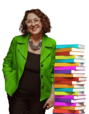 Jane with stack of bestselling books
